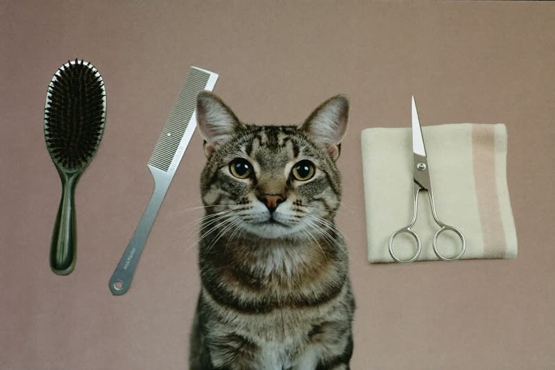Clean grooming brushes, comb, scissors and a folded towel laid out