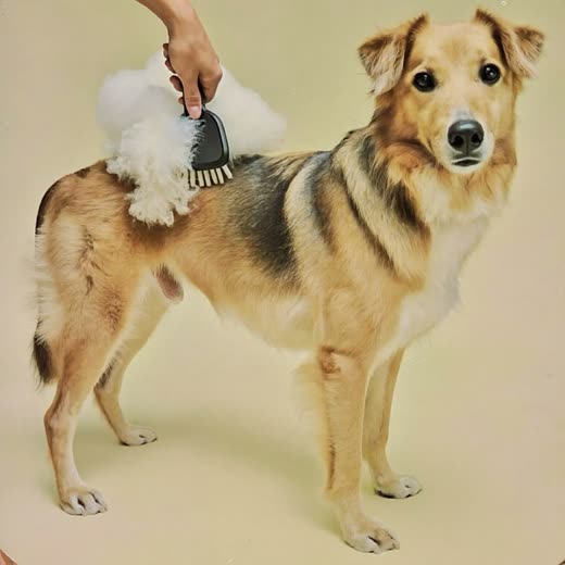 A long-haired dog being brushed and de-shedded