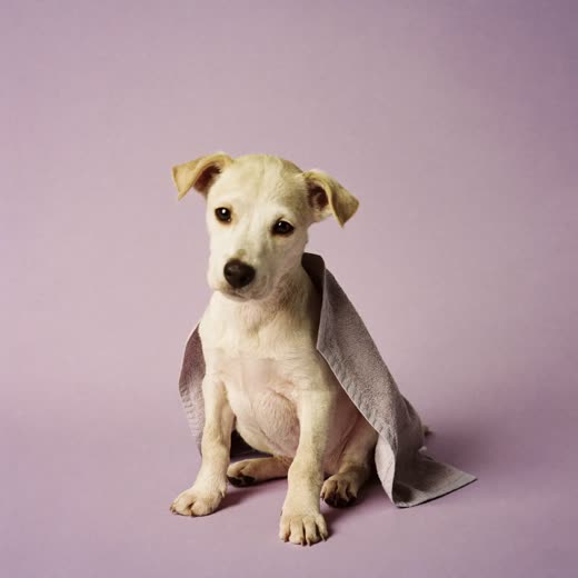 A small puppy sitting neatly after a first groom